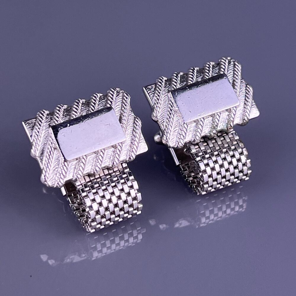 Rectangle Rope Twist Wrap Around Cufflinks Brushed Metal Polished Finish Vintage